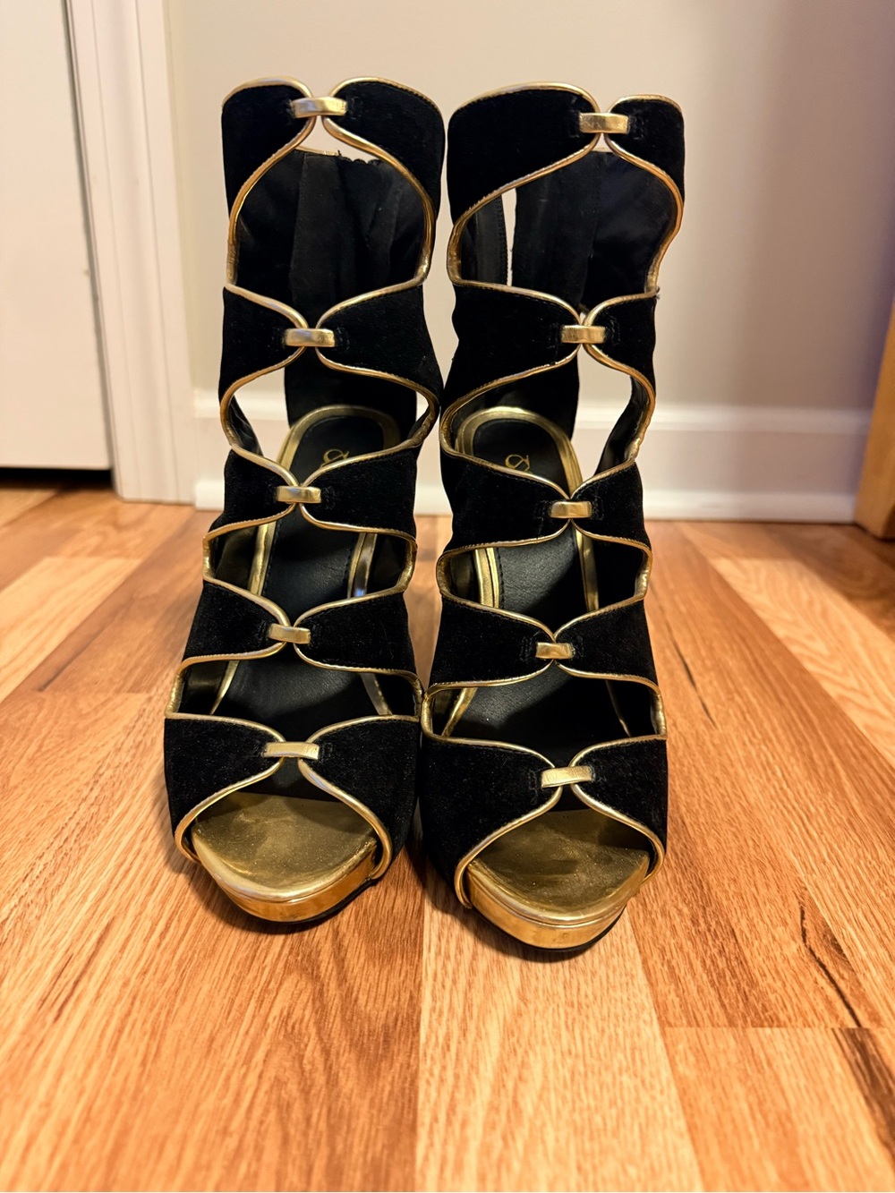 Shoe Dazzle Black and Gold Strappy High-Heel Sandals
